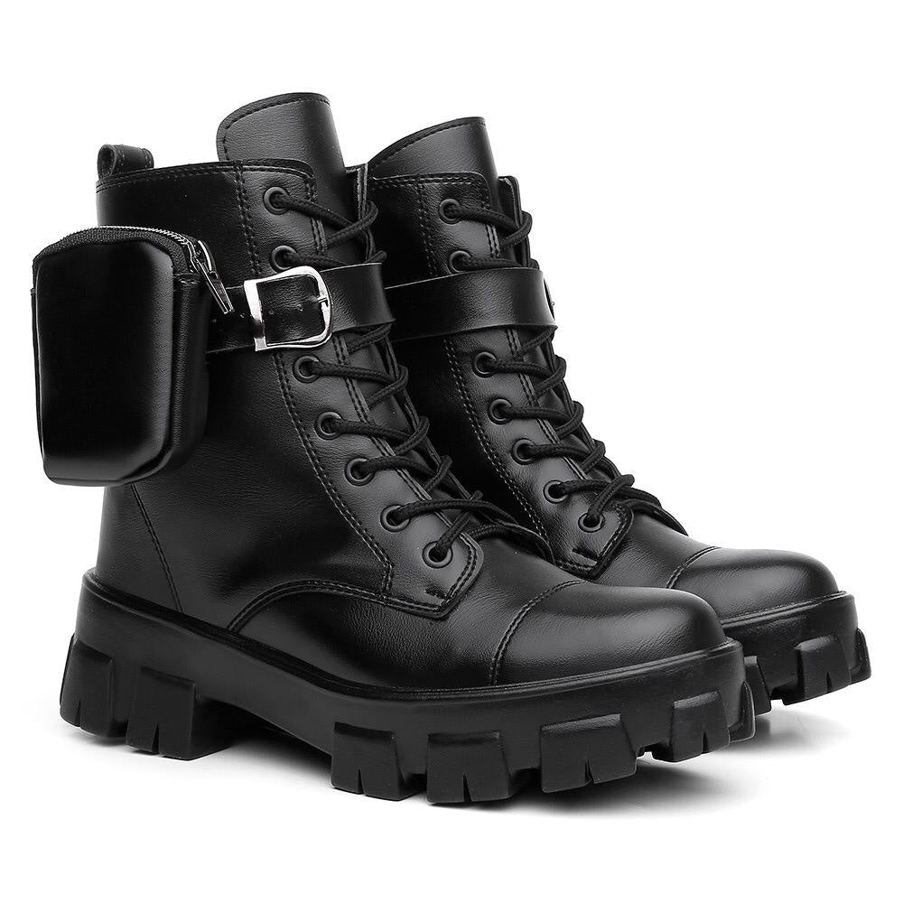 Bota Coturno Feminino Tratorada Estilo Militar c/ Bag Bolsinha Lateral Removível Blogueira - Rosária