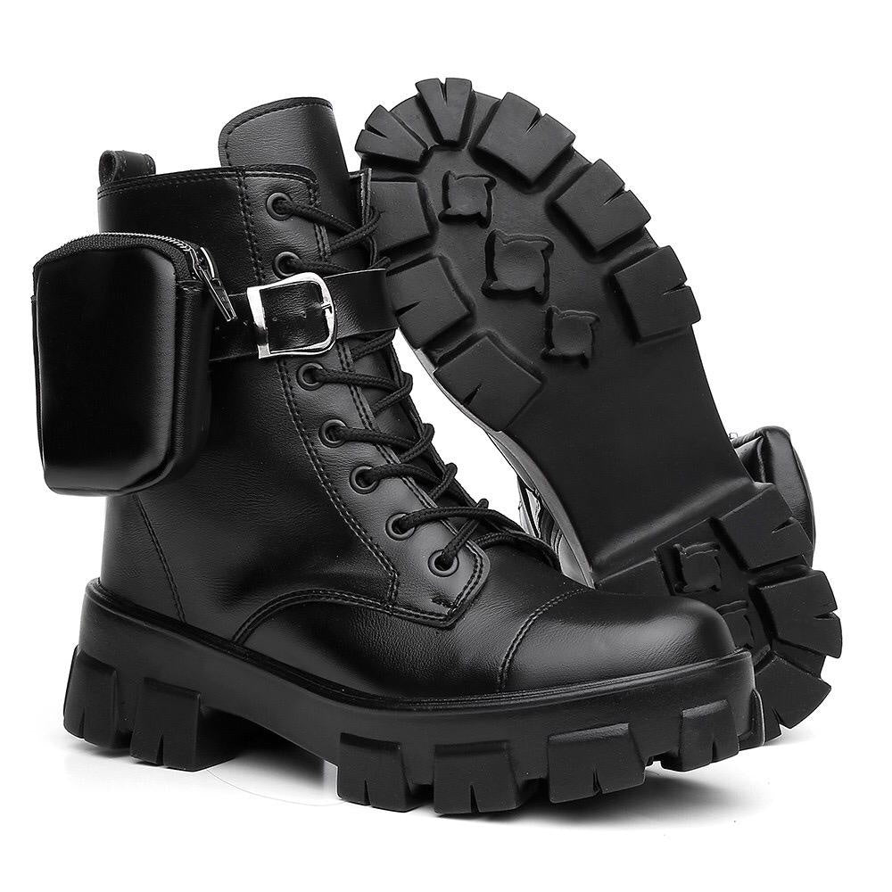 Bota Coturno Feminino Tratorada Estilo Militar c/ Bag Bolsinha Lateral Removível Blogueira - Rosária