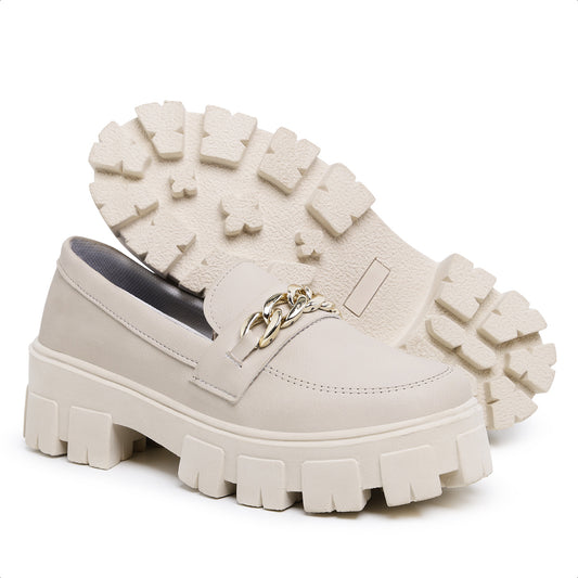 Sapato Mocassim Feminino Oxford Tratorado Off White - Rosária