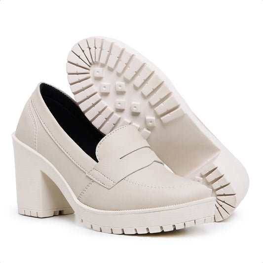 Sapato Mocassim Feminino Oxford Salto Médio Tratorado Off White - Rosária