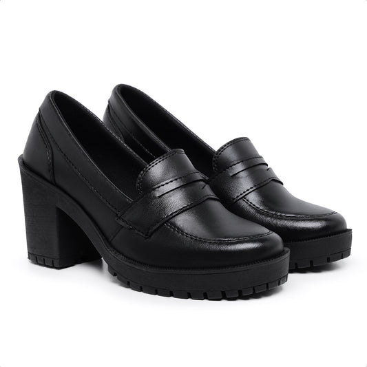 Sapato Mocassim Feminino Oxford Salto Médio Tratorado Preto - Rosária