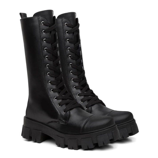 Bota Coturno Feminino Tratorado Cano Longo Alto Blogueira Militar - Rosária